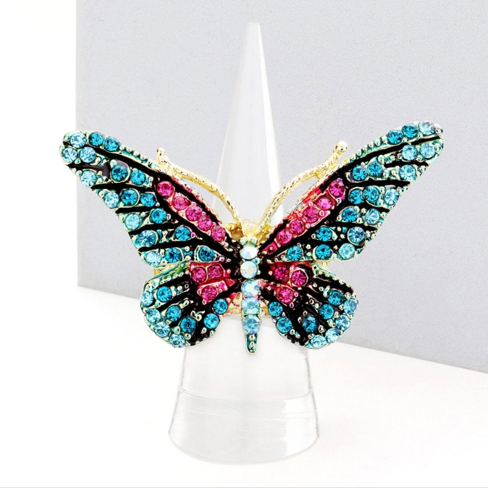 Blue Zircon Butterfly Ring Rhinestones Crystal Cute Finger Statement Accessory